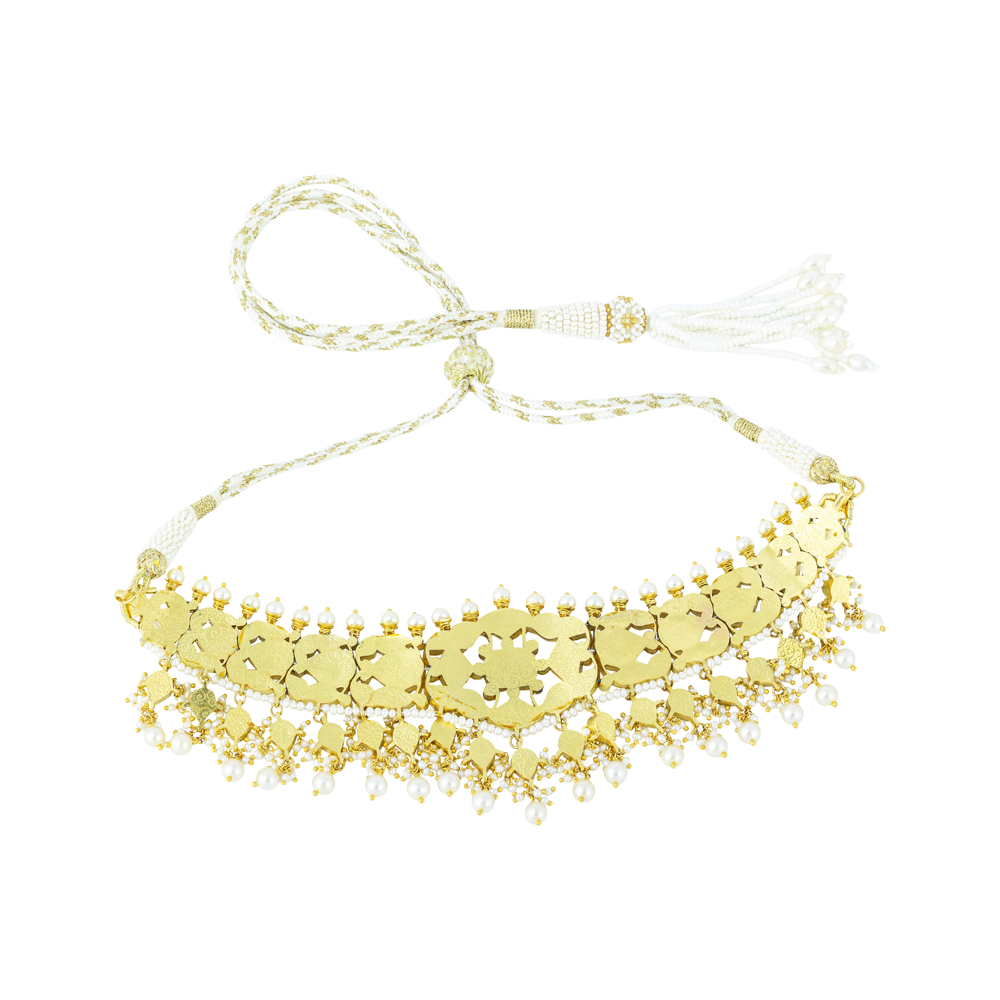 Polki Lattice Choker with Gold Framing & Pearl Cascades